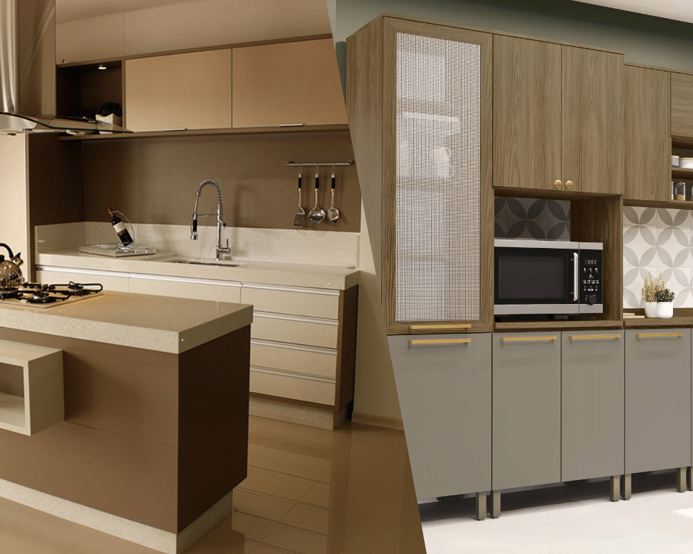 Comparativo visual entre a precisão do móvel sob medida e o encaixe imperfeito do móvel modulado, destacando a qualidade da marcenaria.