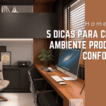 Home office moderno com móveis sob medida, destacando a ergonomia, a organização e a iluminação para alta produtividade.